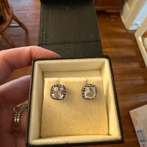 White Topaz Cushion Cut Halo Stud Earrings Silver Tone